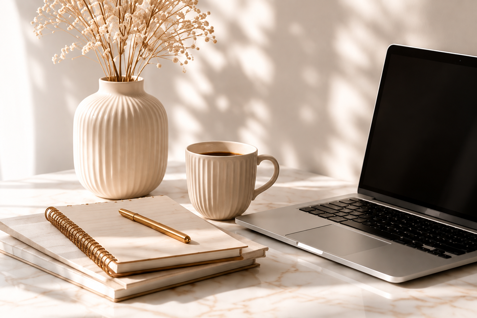 Un bureau lumineux, un vase de fleurs et des documents organisés