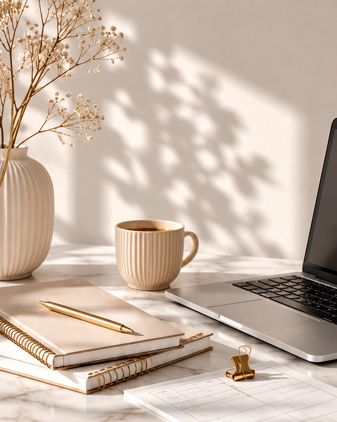 Vase, tasse et ordinateur sur un bureau lumineux