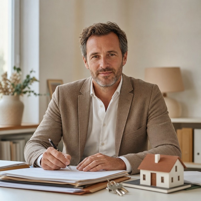 Un homme seul à son bureau, entouré de dossiers et d’une maquette de maison