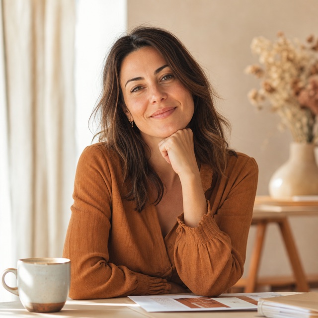 Portrait d’une femme souriante à sa table de travail